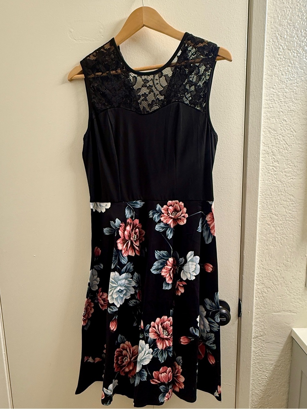 SHEIN Black Midi Dress with Pink and White Floral Print